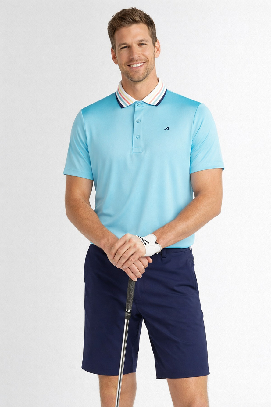 Redvanly Mens Mael Golf Polo Shirt PUREpoly Stripe Curacao Blue Size Medium NWT